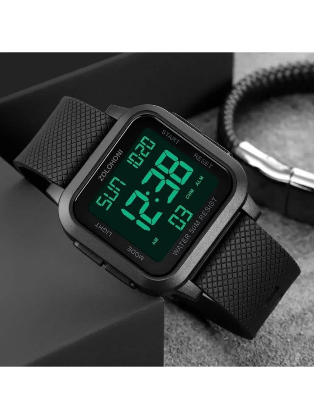 Mens All Black Analog Quartz Stainless Steel Waterproof Square LED Digital Watch